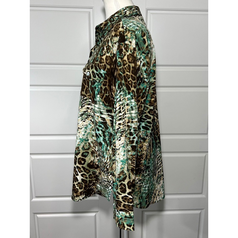 Chicos 2 Brown Animal Green Fern Safari Button Down Shirt Long Sleeve Top LG 10 - Picture 4 of 7